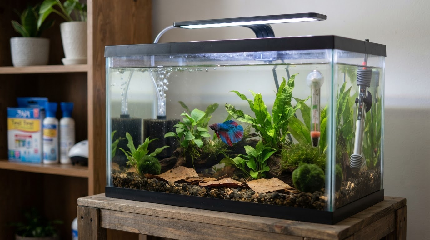Editorial illustration for betta fish tank.